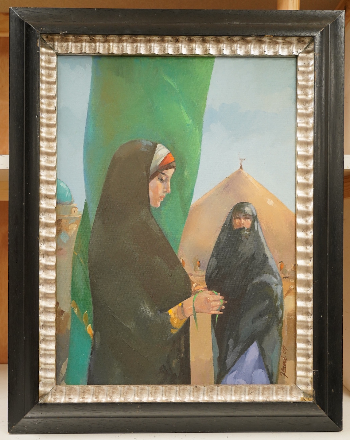 Hani (Iraq), oil on canvas, Two Arab women before a landscape, signed and dated '99, 55 x 40cm. Condition - good